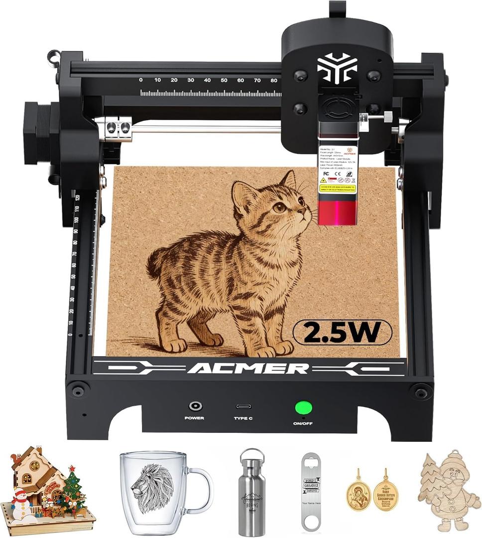 ACMER S1 Laser Engraver 2500mW, Compact Desktop Engraving & Cutting Machine for DIY Crafts, Small Business & Makers, 130130mm Work Area, 0.04mm Detail Engraving for Wood, Acrylic