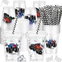 Teenyyou 50 Pcs 12 oz Disposable Plastic Cups with Straws, Lids and Leakproof Paper Clear Birthday Party Cups Supplies Birthday Table Decorations(Monster Truck,Black, White)