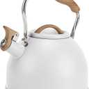 Tea Kettle, Vegoran 100 OZ / 3 Liter Whistling Tea Kettle, Tea Pots for Stove Top Food Grade Stainless Steel with Wood Pattern Folding Handle, Loud Whistle Kettle for Tea, Coffee, Milk (White)