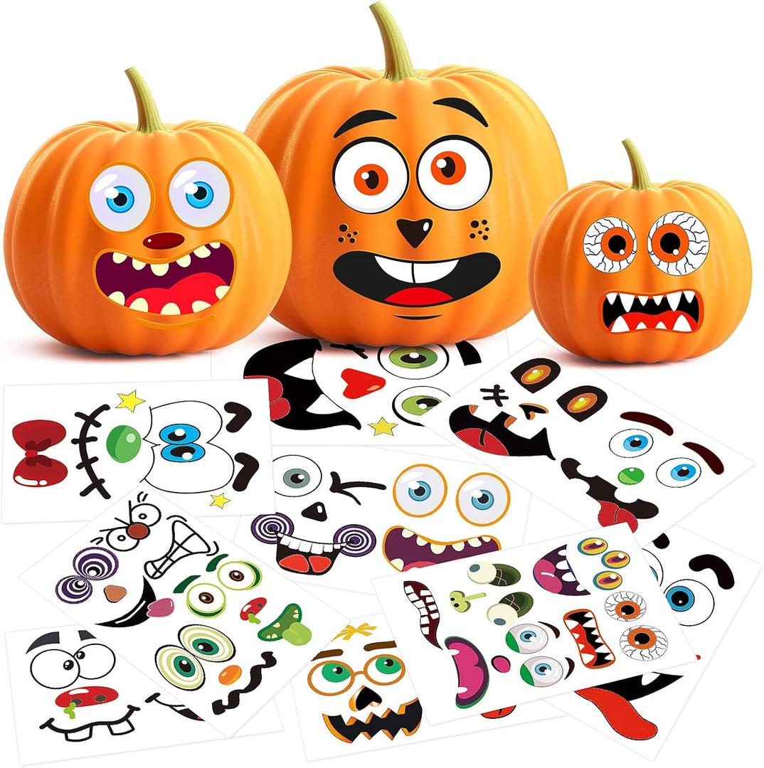 BainGsek 26 Pack Halloween Decoration Stickers, 56 Fun and Classic Pumpkin Face Stickers, Pumpkin Painting Craft Kit, Halloween Party Gift to Kids Decorations to Make Jack O Lantern Face Decal