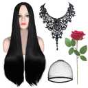 Long Black Wigs For Women, 28" Long Black Witch Wig for Morticia Costume, Middle Part Straight Cosplay Wigs, Rose and Gothic Necklace Set for Halloween Witch Costume