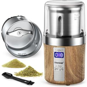 COOL KNIGHT Herb Grinder, Spice Grinder, Electric Grinder with Timer, 304 Stainless Steel Blades and Removable Stainless Steel Bowl, Large Capacity for Quick Grinding of Spices,Herbs,Coffee Beans,etc (Wood Grain 3)
