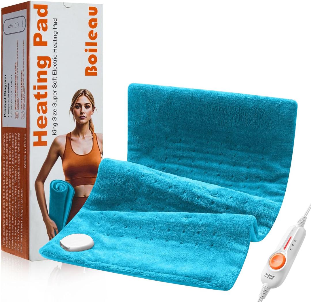 Boileau Electric Heating Pad for Back Pain Relief, 12"x24" XL Large and 3 Heating Levels Heat Pad for Cramps, Auto Shut Off and Machine Washable, Gifts for Men and Women, Blue