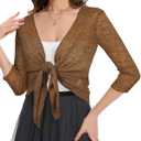 Summer Bolero Shrugs for Women Sheer Short Tie Front Cardigans for Dress 3/4 Sleeve Tops (Coffee, M)