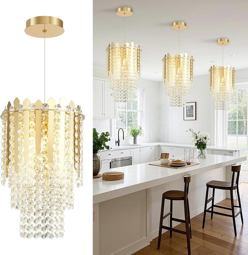 9.6in Gold Pendant Light with K9 Crystals, 3-Light Modern Pendnant Lighting Fixture Small Hanging Ceiling Lamp Chandelier for Kitchen Island Dining Room Bedroom Entryway Foyer