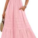 MEROKEETY Women's 2025 Summer Flowy Midi Maxi Dress Short Sleeve Square Neck Smocked Tiered Ruffle Boho Dresses with Pockets (Medium, Pink)