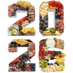 2026 Plastic Fillable Charcuterie Number Letter Shaped Serving Tray, Waterproof Food Dish Plate, 10 inch, New Year Graduation Party Treat (2026)