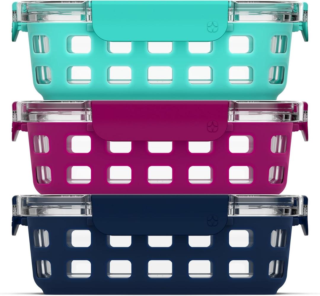 Ello Duraglass 3.4 Cup Meal Prep Sets 6Pc, 3 Pack Set- Glass Food Storage Container with Silicone Sleeve and Airtight BPA-Free Plastic Lids, Dishwasher, Microwave, and Freezer Safe, Berry