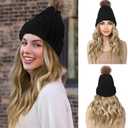 REECHO Beanie Wig Hair Extensions, Warm Knitted Beanie Hat with Hair 12" Beach Wavy Hair Extension Synthetic Hairpiece for Women - Black Beanie, Golden Blonde with Highlights Hair