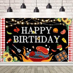 BBQ Birthday Party Decorations Large BBQ Happy Birthday Banner Red and White Gingham Picnic Banner Backdrop for BBQ Birthday Barbecue Party Supplies Yard Outdoor 7x5ft