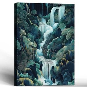Framed Japanese Waterfall Canvas Wall Art Nature Style Painting Decor Waterfall Forest Gallery Print Home Bedroom Living Room Wall Hanging Poster Print 16x24 Inch Ready to Hang