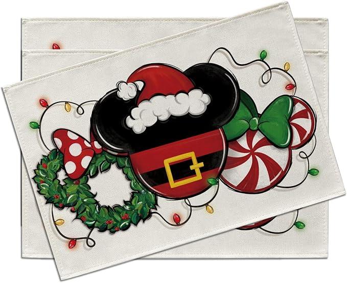 Christmas Santa Placemats, Xmas Wreath Peppermint Candy Dining Place Mats Table Decor, Winter Funny Holiday Home Kitchen Decoration 12 x 18 Inch, Count of 1