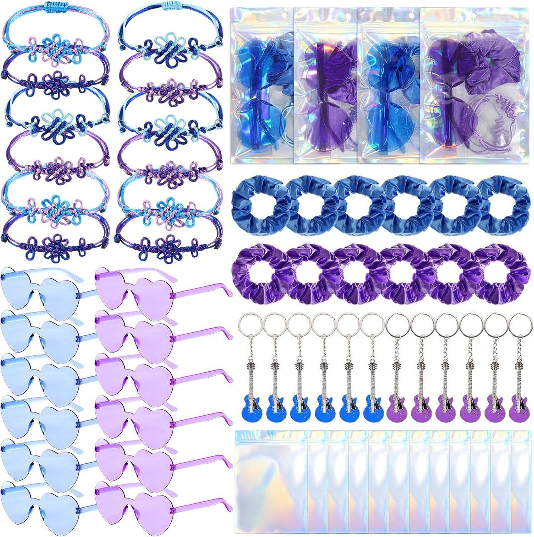 12 Sets Kpop Party Favors Kpop Music Theme Gift Sets Purple Blue Korean Pop Friendship Handmade Knot Bracelet Sunglasses Scrunchie Keychains Bags for Fans Music Theme Birthday Disco Party Supplies