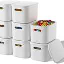 ORGIDOL 8 Pack White Storage Bins with Lids Stackable Storage Container for Organizing, Storage Boxes with Handle for Shelves, Cute Storage Bin for Craft, Snacks, 9.85x6.9x5.7 inch