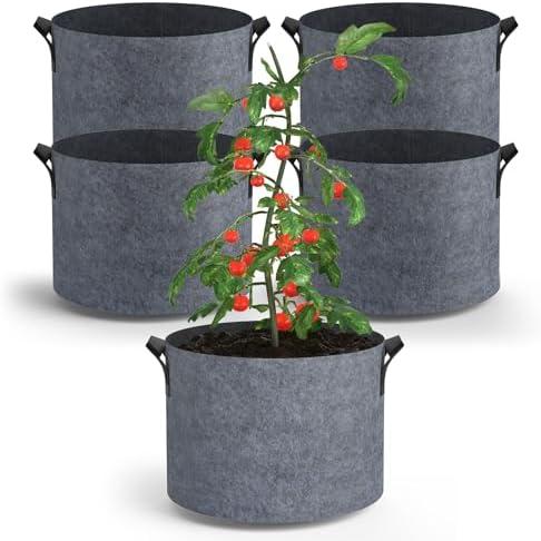 POROLIR 5-Pack Grow Bags 15 Gallon Thickened Plant Grow Bags Multi-Purpose Nonwoven Fabric Pots with Durable Handles, Outdoor Garden Plant Pots for Fruits Vegetables Flowers Herb Bonsai Plants, Gray