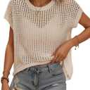 Bellcoco Crochet Tops for Women Summer Vacation Outfits Beach Cover Ups Cute Hollow Out Pullover Sweater Vest Cap Sleeve Clothes 2025 Apricot Medium