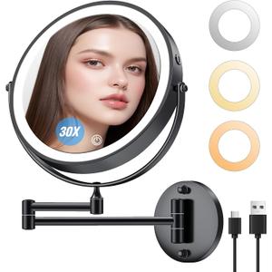 Rechargeable Wall Mounted Lighted Makeup Mirror 30X Magnifying Mirror with Light Dimmable LED Bathroom Mirror Black 360Swivel Adjustable Vanity Mirror Arm (Black 1, 8.3" L x 9.5" W)