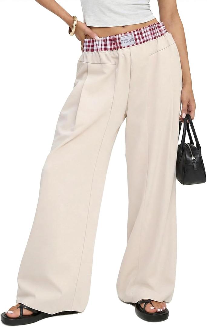 Wide Leg Slacks Pants for Women Pull on High Waisted Business Trousers with 3 Pockets for Casual Office Wear (S)