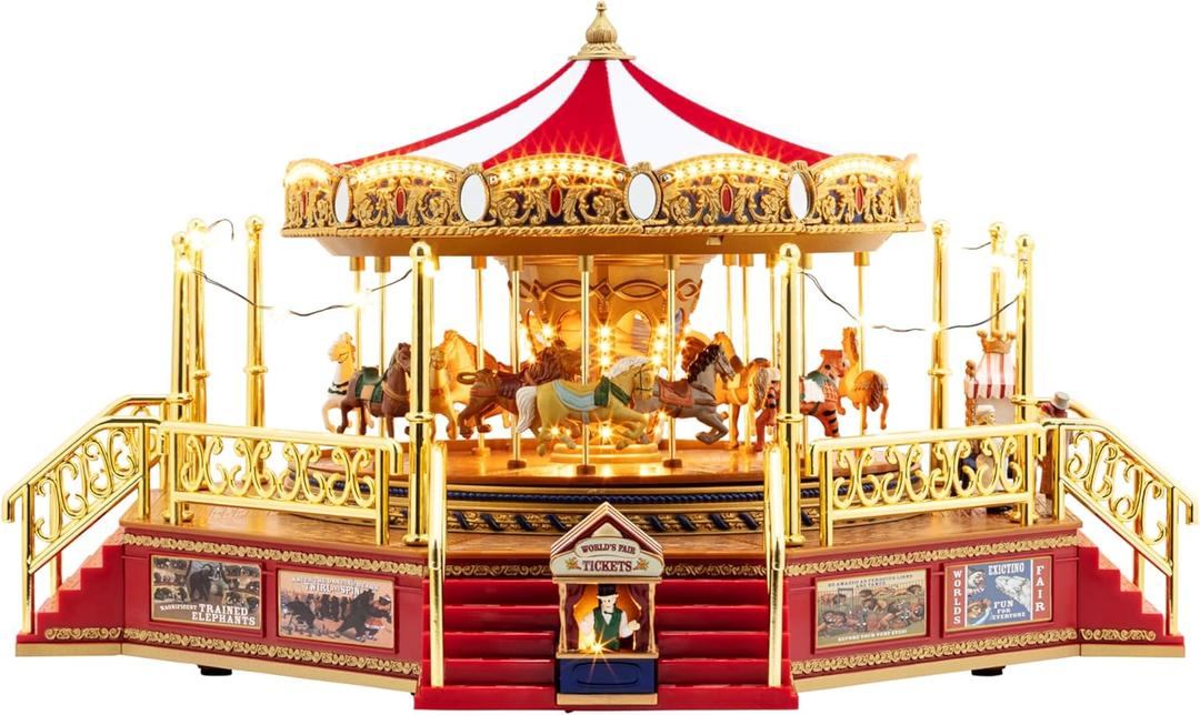 Mr. Christmas Gold Label Animated and Musical Carousel, Christmas Decoration, LED Lights, Plays 50 Songs, 8 Inch, Red