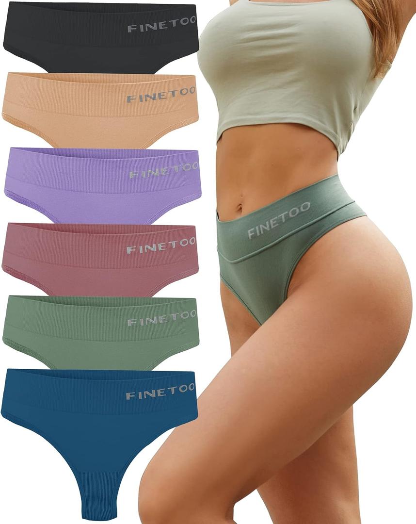 FINETOO 6 Pack High Waisted Thongs for Women, Nylon Spandex Panties Breathable Soft Stretchy Underwear High Rise (Large)