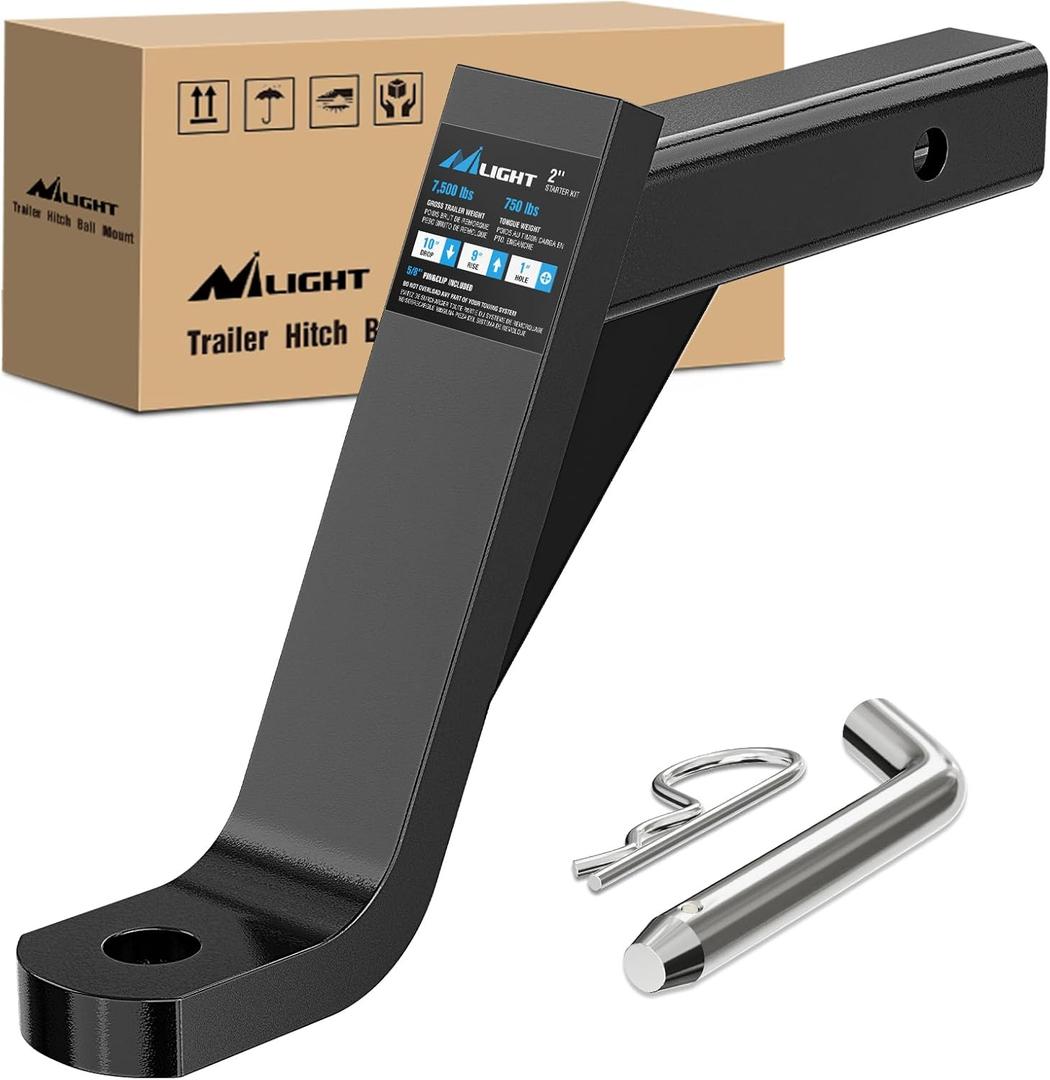 Nilight Trailer Hitch Ball Mount with 5/8" Hitch Pin Clip Fits 2 Inch Receiver Square 7500 lbs 10" Drop 9 Rise 1 Hole Gloss Black Powder Coat