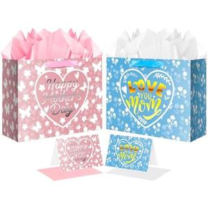 JWSCYSY 8PCS 12.6" Large Mother's Day Gift Bags with Tissue Papers and Greeting Cards (Pink Silver, Blue Gold)