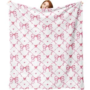 Valentines Day Flannel Throw Blanket, Pink Bow Love Hearts Anniversary Wedding Birthday Gifts for Women Lover Couples, Coquette Ribbon Soft Blankets for Bedding Sofa 50" x 60"