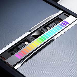 USB Hub for Tesla Model Y Juniper 2025 2026 Model 3 Highland 2024 2025 with Sliding Cover, Dual Type-C RGB Ambient Light Docking Station Multi Ports Retractable Cable fit Center Console