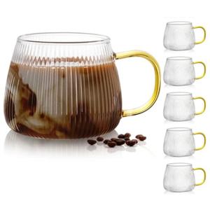 AVLA 5 Pack Glass Coffee Mugs, 16 OZ Unique Vertical Stripes Coffee Cup, Clear Large Tea Glasses with Handle, Vintage Transparent Glassware for Hot/Cold Beverages, Cappuccino, Latte, Espresso, Juice