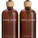 Amber Glass Soap and Lotion Dispenser Set with Tray by Brighter Barns - Hand Soap Dispenser Bathroom Set - Glass Bottles with Pump - Bamboo Home Accessories & Modern Bathroom Decor for Airbnb (Amber)