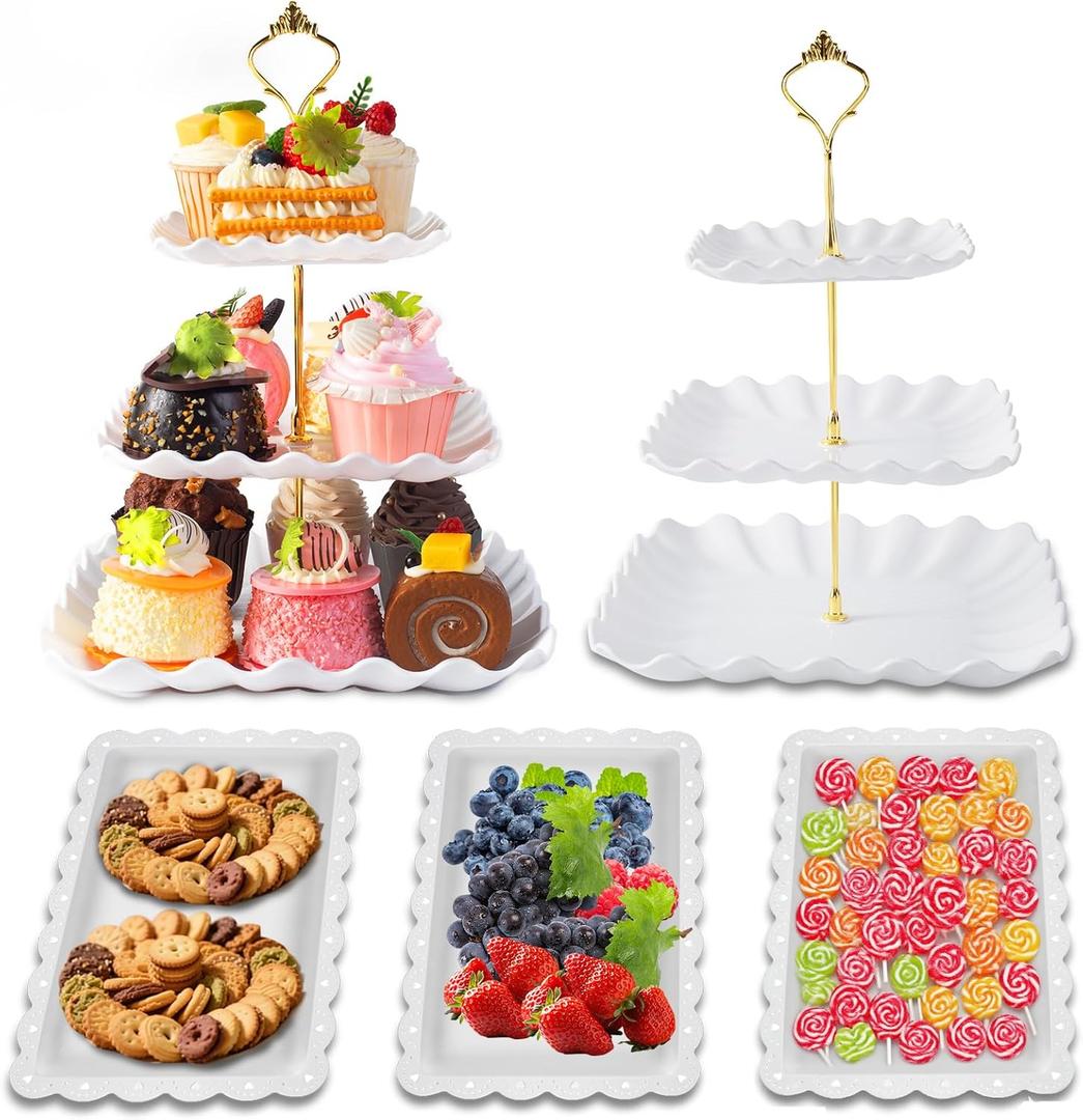 5 Pack Dessert Table Display Set, 2 Sets 3 Tier Cupcake Stand, 3 Pcs Food Serving Trays, Tiered White Plastic Cup Cake Tower for Birthday Baby Shower Wedding and Tea Party Supplies (5, Large)