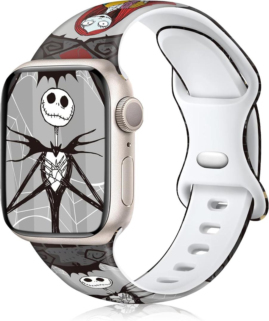 Compatible with Dressy Designer Silicone St. Patrick's Day for Apple Watch Bands for Women Men, Lucky Clover iWatch Bands for Apple Watch Series 11 SE 10 9 8 7 6 5 4 3 2 1 Ultra 3 2 1 (1 packHalloween Romantic Jack & Sally)