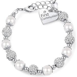 First Communion White Bead Charm Bracelet Handmade Jewelry Baptism or Christening Gift