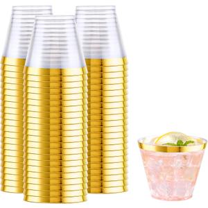 WELLIFE 200 PCS Gold Plastic Cups,9 oz Clear Plastic Cups,Disposable Wine Glasses,Plastic Cocktail Glasses for Party and Wedding