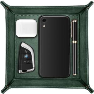 SITHON Valet Tray Desktop Storage Organizer  Premium PU Leather Catchall Bedside Vanity Tray Nightstand Caddy Holder for Remote Controller, Keys, Phone, Wallet, Coin, Jewelry, Dark Green