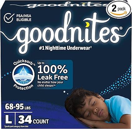 Goodnites Boys' Nighttime Bedwetting Underwear, Size Large (6895 lbs), 34 Ct (2 Packs of 17), Packaging May Vary