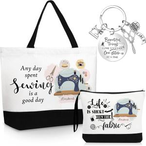 Dansydaisy 3 Pcs Sewing Lover Gift for Women Quilters Canvas Tote Bag Travel Cosmetic Bags Keychain Portable Makeup Zipper Pouch with Handle Funny Sew Shopping Christmas Birthday Gift