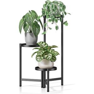 3 Tiered Plant Stand Indoor for Multiple Large Planter, Tall Heavy Duty Adjustable Folding Rack with Rustproof 7.9 Inch Wide Tray, Plant Shelf for Corner Living Room - BlackDisk