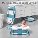 MoreFeel Collapsible Baby Bathtub for Newborn with Thermometer & 1 Hooded Towel & 1 Soft Floating Cushion,Portable Travel Bathtub with Drain Hole, Durable Foldable Baby Tubs for Infants to Toddler, Blue (Alligator)