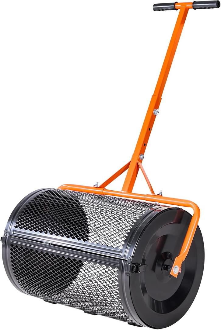 VEVOR Compost Spreader, 24 in Wide Peat Moss Spreader with T Shaped Handle, 3 Heights Adjustable, Powder-Coated Steel Garden Peat Moss Roller, Heavy Duty Grass Seed Spreaders for Planting Seeding