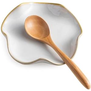 Miamolo Spoon Rest for Stove Top, Spoon Holder for Stove, 5.3In Ceramic Spoon Rest for Kitchen Counter, Coffee Spoon Holder with Ruffled Edge, Farmhouse Spatula Holder for Kitchen Decor, Beige, MISSING SPOON