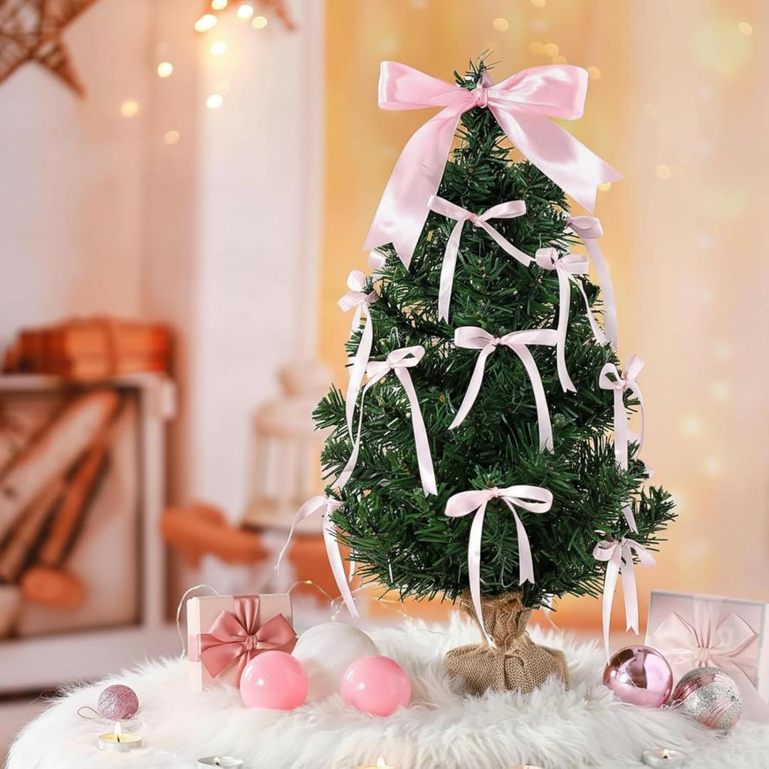 2 ft Mini Christmas Tree Small Bows Christmas Tree Decorations Satin Ribbon DIY Xmas Tabletop Centerpiece Coquette Xmas Party Decor