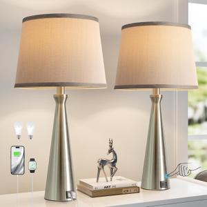Seealle Modern Table Lamps Set of 2 - Touch Bedside Lamp for Nightstand with Dual USB C+A,3-Way Dimmable Silver Nightstand Lamps for Living Room Bedroom End Table with Grey Shade(Bulb Included)