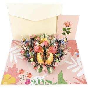 4 x Butterfly 3D Pop-Up Greeting Card  Elegant Floral Pop-Up Card for Wife Husband Girlfriend Boyfriend Mom Dad Mother Father Birthday Wedding Anniversary Thanksgiving Day Christmas Day (Orange)