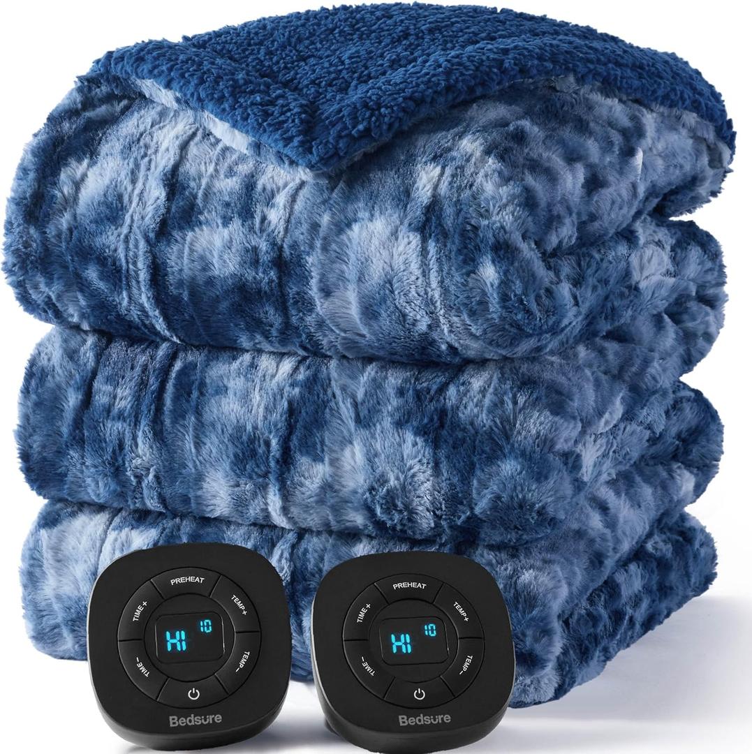 Bedsure Faux Fur Electric Blanket Queen Size, Dual Control Heated Blanket Queen, Fast Heating Blanket with 10 Heating Levels & 10 Time Settings, Cozy Gifts for Women Men (84x90 inches, Denim Blue)