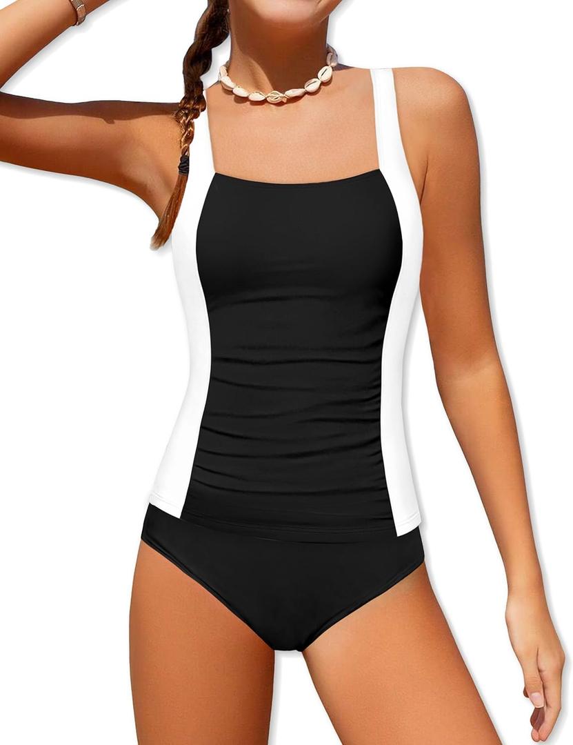Girls Tankini Swimsuit Solid Color Blocking Two Piece Bathing Suit Ruched Design Holiday Girls' Swimwear for 9-16Y (11-12 Years, Black+white)