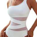 Blooming Jelly Women's Sexy One Piece Bathing Suits One Shoulder Swimsuits Slimming Mesh Swimwear (Larg, White)