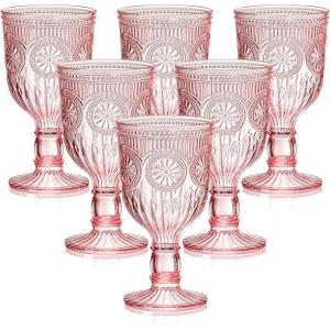 12 Oz Plastic Vintage Wine Glasses Goblets Drinking Glasses Sunflower Embossed Glassware Plastic Champagne Flutes Unbreakable Wedding Toasting Glasses Party Wine Cups for Bridal Shower Party (24, Pink)