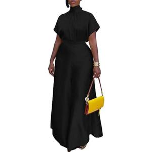 Inroserm 2 Piece Sets for Women Dressy Casual Satin Short Sleeve Crop Blouses Wide Leg Pants Going Out Outfits, Black, XXL