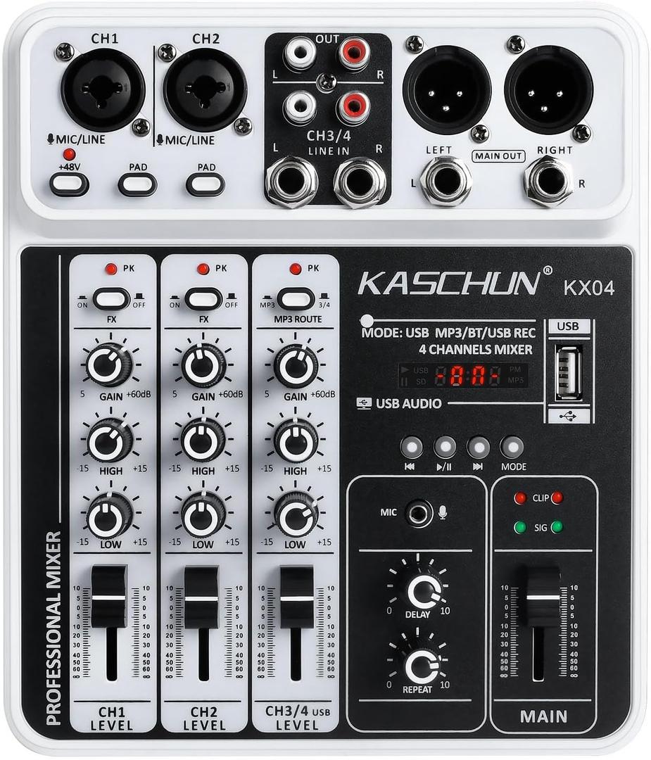 Professional 4-Channel DJ Audio Mixer, Bluetooth Sound Board with USB MP3 Input & 48V Phantom Power for Karaoke, Podcasting, Live Streaming & Home Recording